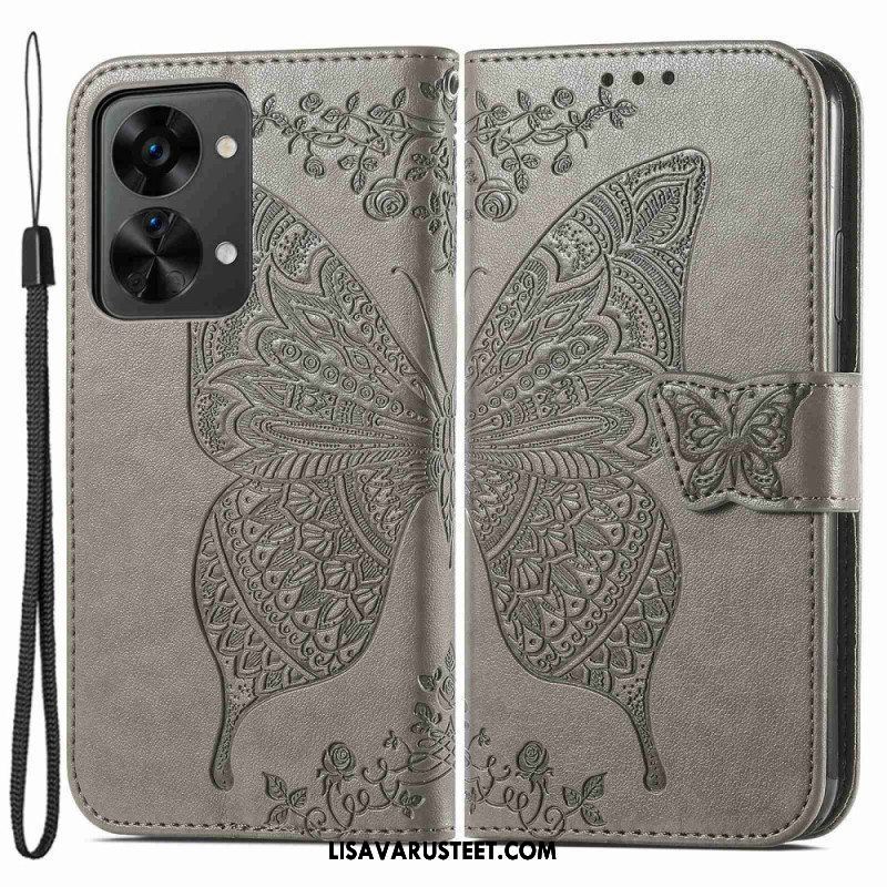 Flip Case OnePlus Nord 2T 5G Suojaketju Kuori Butterfly Lanyard -korttikotelo