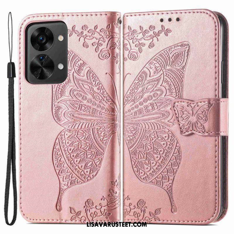 Flip Case OnePlus Nord 2T 5G Suojaketju Kuori Butterfly Lanyard -korttikotelo