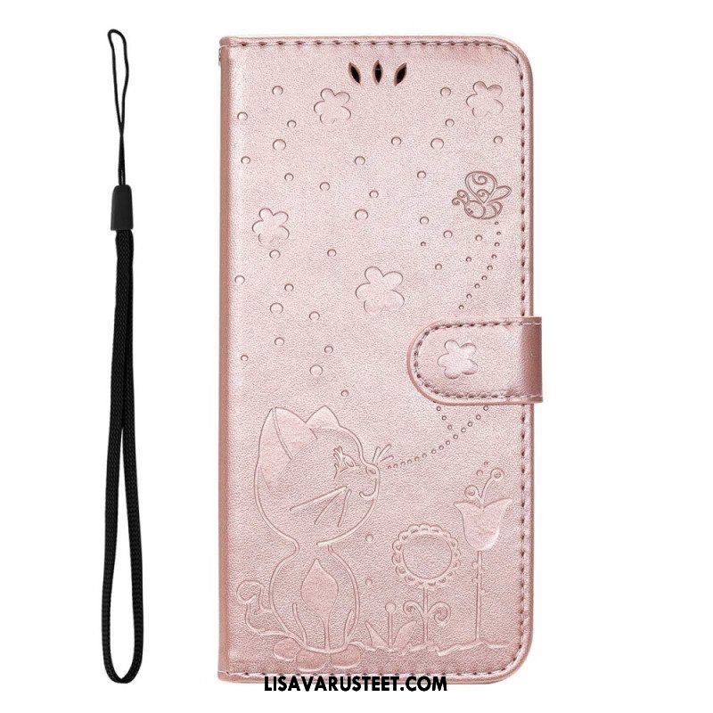 Flip Case Samsung Galaxy S23 5G Suojaketju Kuori Strappy Kissa Ja Mehiläiset