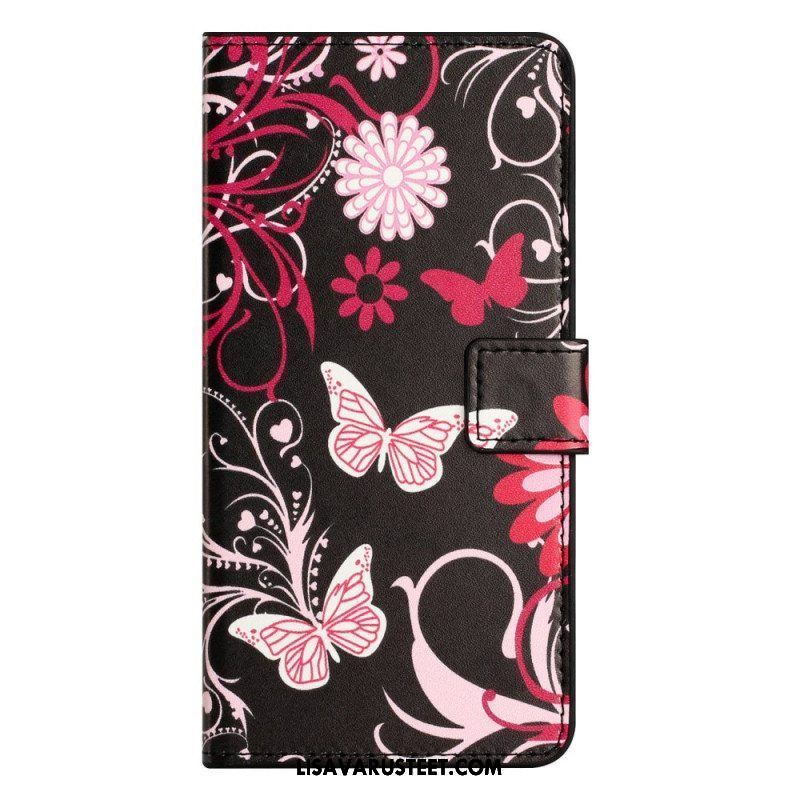 Flip Case iPhone 14 Pro Mustavalkoisia Perhosia