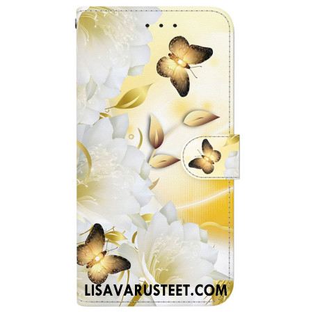 Kuoret iPhone 16 Pro Kultaisia Perhosia Ja Valkoisia Kukkia Hihnalla