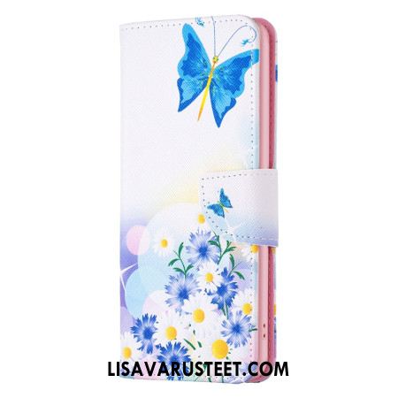 Nahkakotelo iPhone 16 Plus Perhosia Ja Kukkia Kuvio